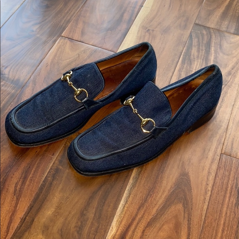 Gucci Dark Blue Jean Loafers with Gold Horse-bit
